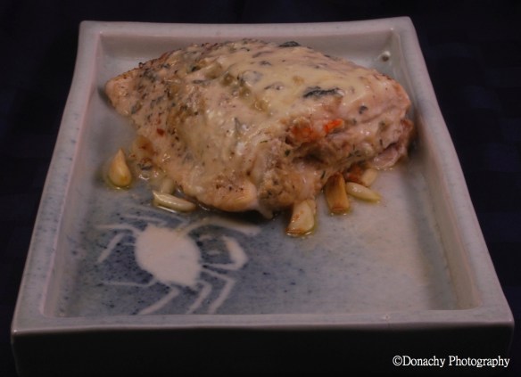 Halibut stulffed w mushroom-pine nut-shrimp