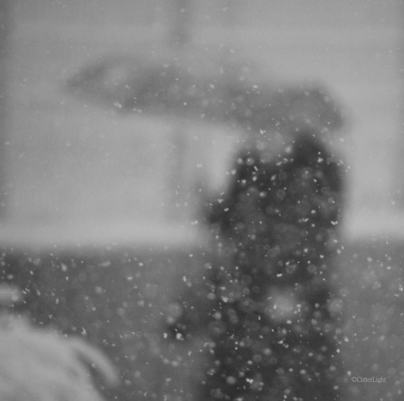 woman w umbrella b n w snowy day n