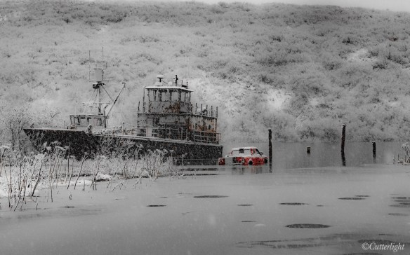 Chignik River boat landing winter high tide