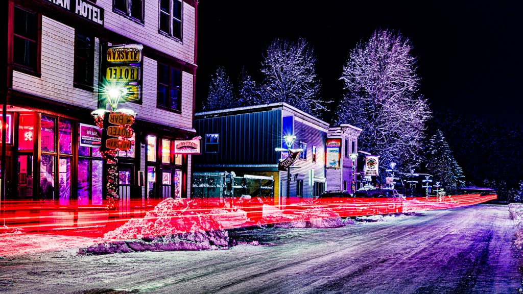 Christmas night photograph of the iconic Alaskan Hotel & Bar on Main Street, Cordova. 